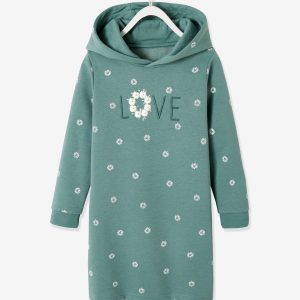 Achat Robe molleton à capuche fille détails fantaisie vert d'eau imprimé pas cher en promo