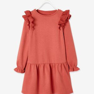 Achat Robe molleton à volants en broderie anglaise fille rose hâlé pas cher en promo