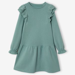 Achat Robe molleton à volants en broderie anglaise fille sauge pas cher en promo