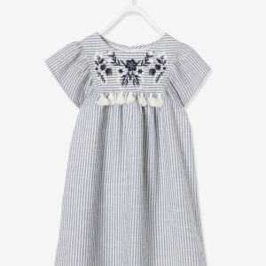 Achat Robe rayée fille fleurs brodées et pompons fantaisie rayée gris pas cher en promo