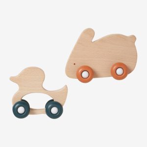 Achat Set de 2 animaux à roulettes en bois et silicone orange pas cher en promo