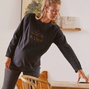 Achat Sweat molleton à message grossesse et allaitement noir imprimé léopard pas cher en promo