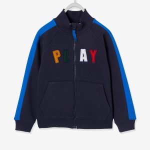 Achat Sweat zippé garçon avec lettres patch Play bleu foncé pas cher en promo