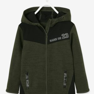 Achat Sweat zippé sport garçon matière technique inscriptions graphiques kaki pas cher en promo