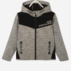 Achat Sweat zippé sport garçon matière technique inscriptions graphiques noir pas cher en promo