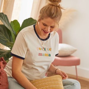 Achat T-shirt à message grossesse et allaitement en coton bio blanc imprimé pas cher en promo