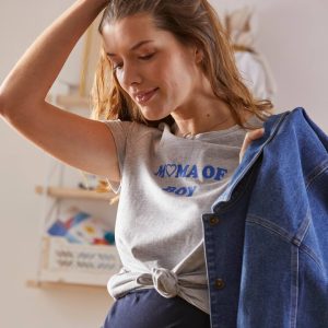 Achat T-shirt à message grossesse et allaitement en coton bio gris chiné pas cher en promo
