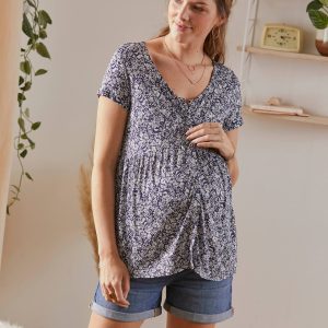 Achat T-shirt blouse grossesse et allaitement marine imprimé pas cher en promo