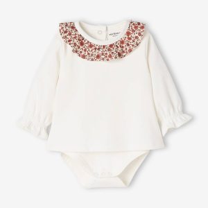 Achat T-shirt body col volanté bébé manches longues ivoire pas cher en promo