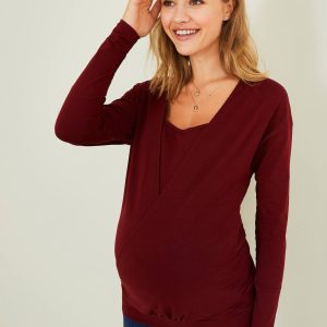 Achat T-shirt croisé grossesse et allaitement bordeaux pas cher en promo