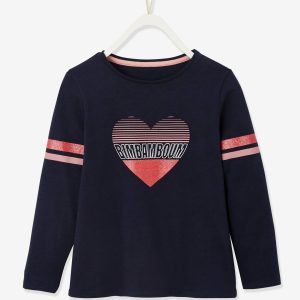 Achat T-shirt fille esprit collège détails irisés en coton bio encre pas cher en promo