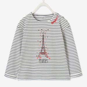 Achat T-shirt fille motif city détails fantaisie ivoire rayé pas cher en promo
