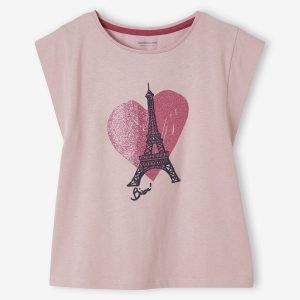 Achat T-shirt fille motif city détails pailletés rose mauve pas cher en promo