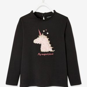 Achat T-shirt fille motif fantaisie détails frisou gris foncé pas cher en promo