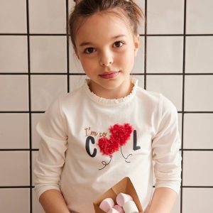 Achat T-shirt fille motif fantaisie détails frisou ivoire pas cher en promo