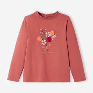 Achat T-shirt fille motif fantaisie détails frisou terracota pas cher en promo