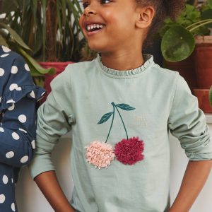 Achat T-shirt fille motif fantaisie détails frisou vert sauge pas cher en promo