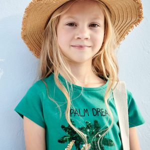 Achat T-shirt fille motif palmier à sequins réversibles vert lichen pas cher en promo