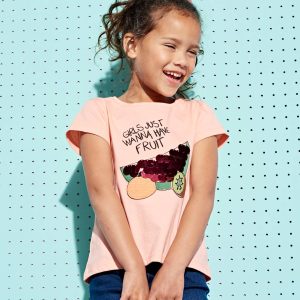 Achat T-shirt fille motifs fruits sequins géants et broderies melon fluo pas cher en promo
