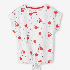 Achat T-shirt imprimé fille avec noeud fantaisie blanc / rouge pas cher en promo