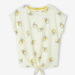 Achat T-shirt imprimé fille avec noeud fantaisie jaune pas cher en promo