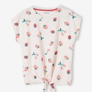 Achat T-shirt imprimé fille avec noeud fantaisie rose mauve imprimé pas cher en promo