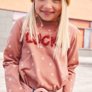 Achat T-shirt imprimé fille inscription frisou en relief marron pas cher en promo