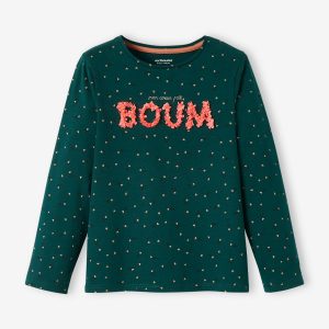 Achat T-shirt imprimé fille inscription frisou en relief vert foncé pas cher en promo