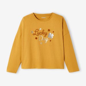 Achat T-shirt lucky détails irisés et flocage velours fille marron clair pas cher en promo