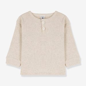 Achat T-shirt manches longues bébé en coton bio PETIT BATEAU beige chiné pas cher en promo