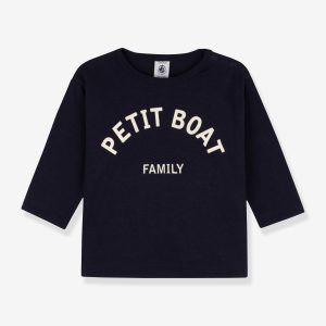 Achat T-shirt manches longues bébé en coton bio PETIT BATEAU marine pas cher en promo