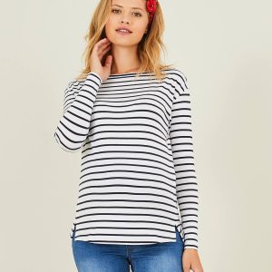 Achat T-shirt marinière de grossesse et d'allaitement blanc clair rayé marine pas cher en promo