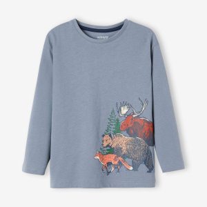Achat T-shirt motif animaux garçon en pur coton bio bleu jean pas cher en promo