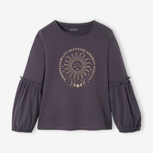 Achat T-shirt motif attrape-rêve irisé fille manches bouffantes fantaisie gris pas cher en promo