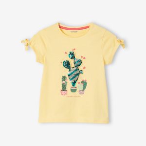 Achat T-shirt motif avec sequins fille manches à nouettes jaune pas cher en promo