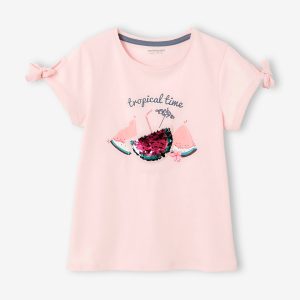Achat T-shirt motif avec sequins fille manches à nouettes rose pas cher en promo