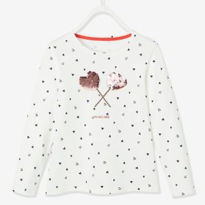 Achat T-shirt motif en sequins réversibles fille écru imprimé pas cher en promo