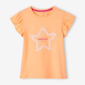 Achat T-shirt motif fleurs 3D fille manches courtes volantées orange pas cher en promo