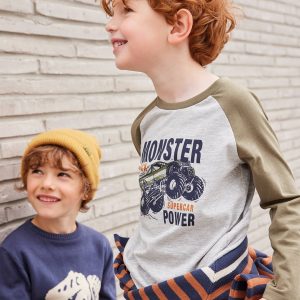 Achat T-shirt motif graphique garçon manches raglan gris clair chiné pas cher en promo