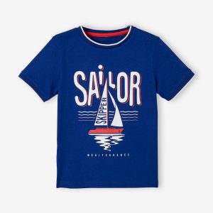 Achat T-shirt motif yacht garçon manches courtes bleu pas cher en promo