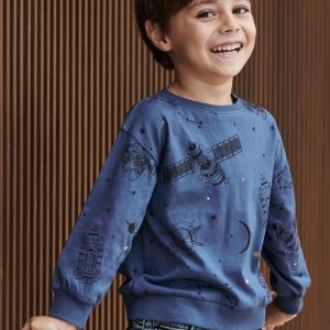 Achat T-shirt motifs cosmos effet sweat garçon badge planète dark bleu ardoise imprimé pas cher en promo