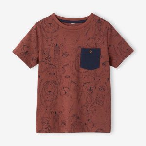 Achat T-shirt motifs graphiques garçon manches courtes bordeaux imprimé pas cher en promo