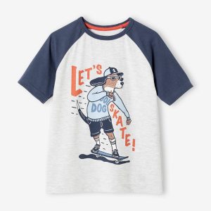 Achat T-shirt motifs graphiques garçon manches courtes raglan gris clair chiné pas cher en promo