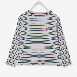 Achat T-shirt rayé en côtes fille détail coeur irisé ivoire rayé pas cher en promo