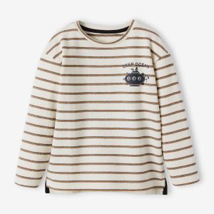 Achat T-shirt rayé garçon motif poitrine poisson fantastique ecru raye ocre pas cher en promo