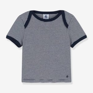 Achat T-shirt rayé milleraies bébé manches courtes PETIT BATEAU en coton bio marine rayé blanc pas cher en promo