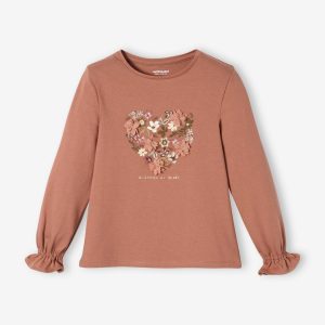 Achat T-shirt romantique animation en relief et détails irisés fille marron pas cher en promo