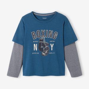 Achat T-shirt sport doubles manches garçon bleu canard pas cher en promo