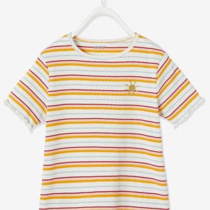 Achat T-shirts en côtes rayées fille détails fantaisie ivoire rayé pas cher en promo