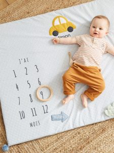Achat Tapis photo bébé personnalisable en gaze de coton EN VOITURE SIMON ! bleu pas cher en promo